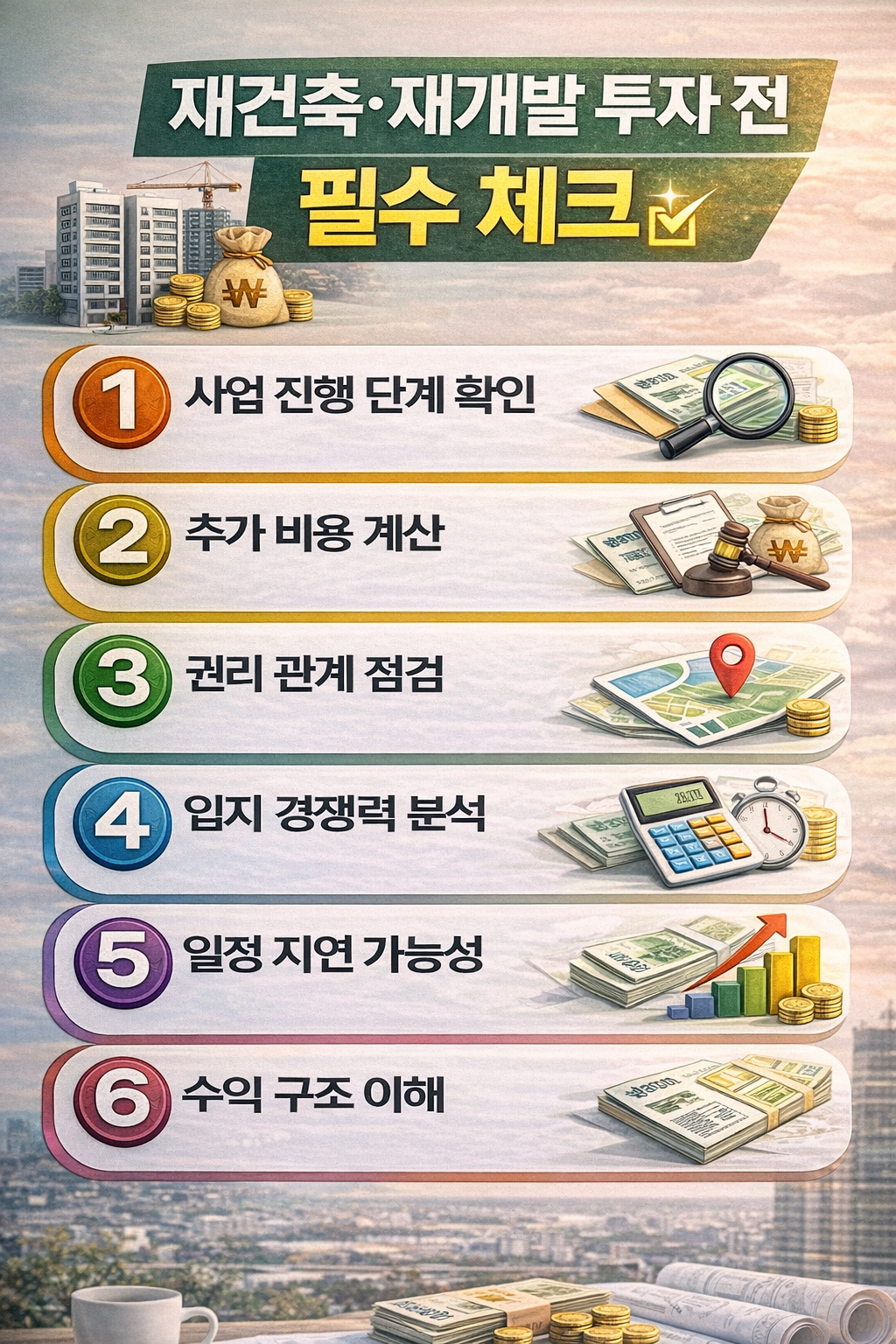 재건축과 재개발 투자 전 반드시 확인해야 할 6가지 핵심 체크 사항을 정리한 부동산 투자 인포그래픽 이미지