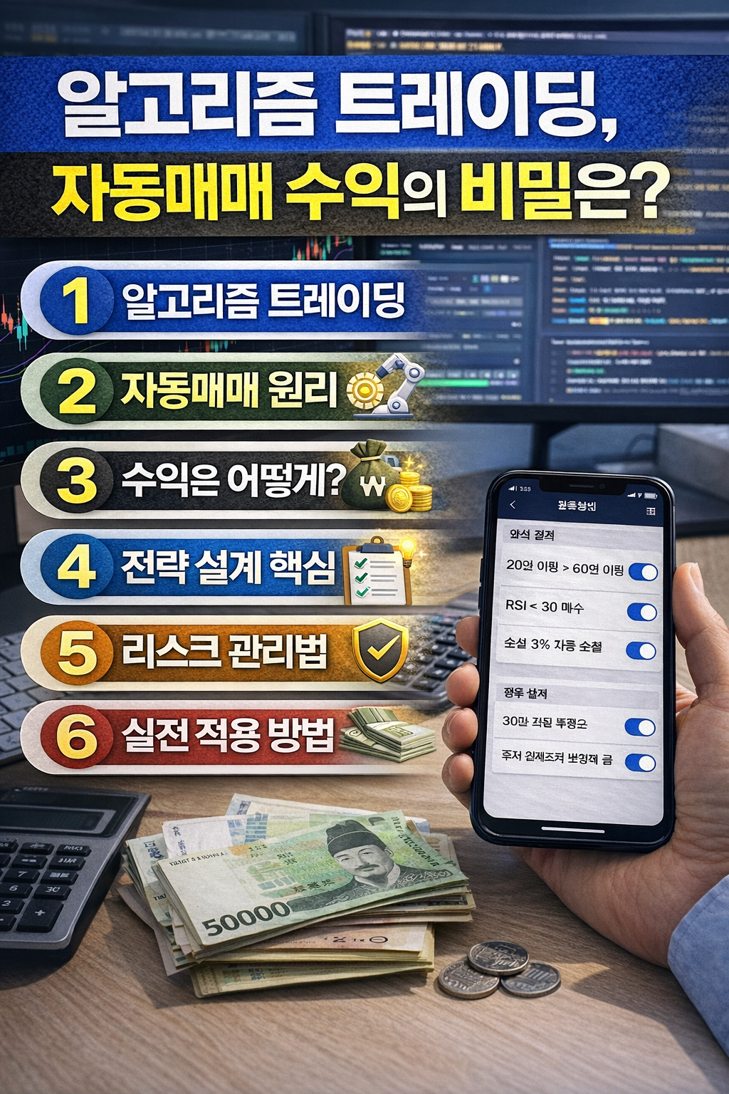 알고리즘 트레이딩 핵심 원리와 자동매매 전략, 리스크 관리 방법을 한눈에 정리한 인포그래픽