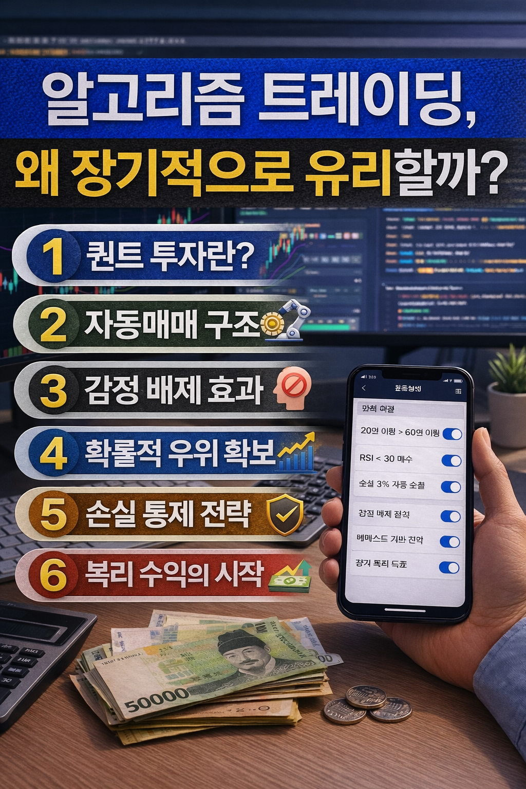 알고리즘 트레이딩의 장기 수익 구조와 자동매매 전략을 정리한 인포그래픽