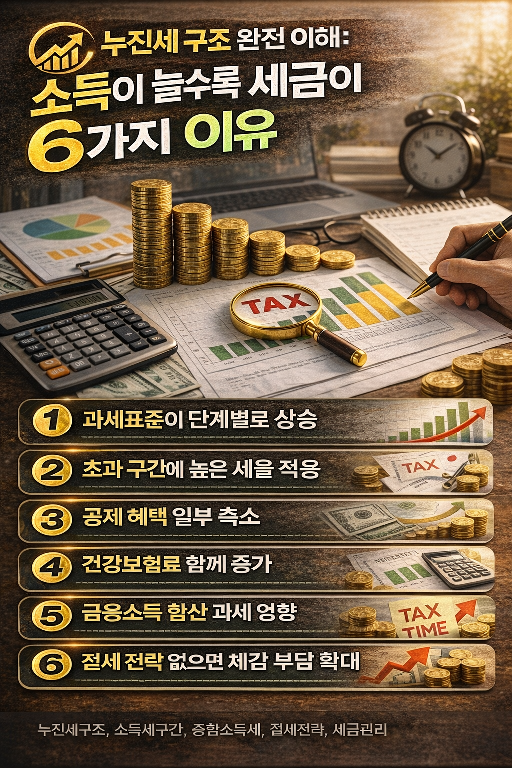 누진세 구조 완전 이해를 주제로 소득이 늘수록 세금이 커지는 6가지 이유를 정리한 인포그래픽 이미지