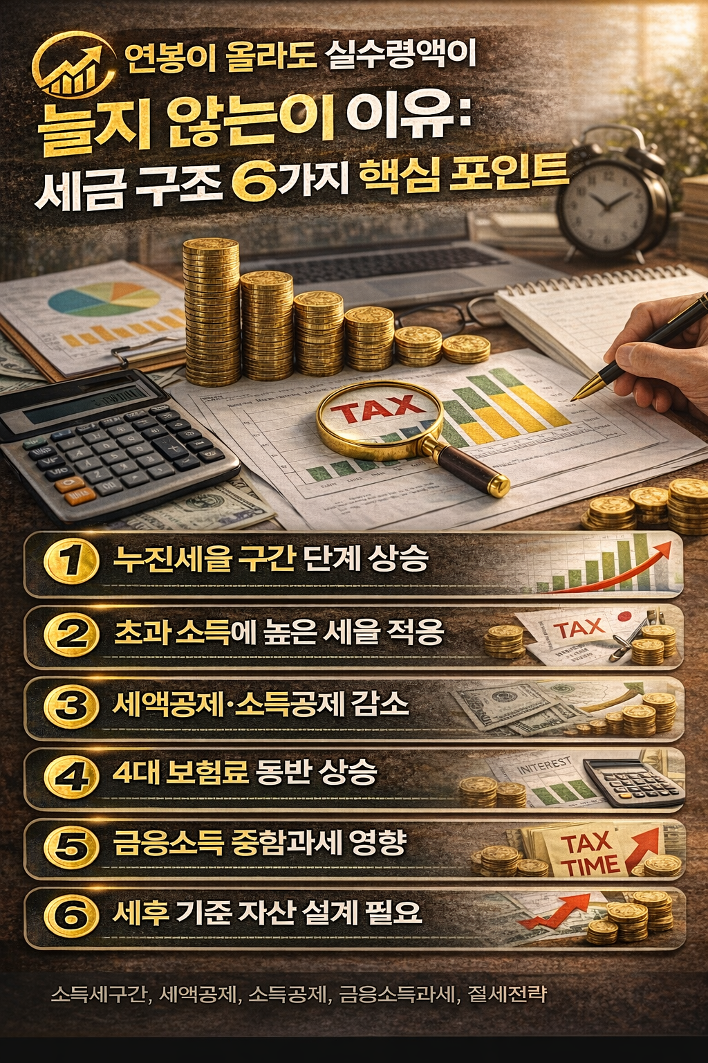 연봉이 올라가도 실수령액이 늘지 않는 이유와 세금 구조 6가지 핵심 포인트를 정리한 인포그래픽 이미지