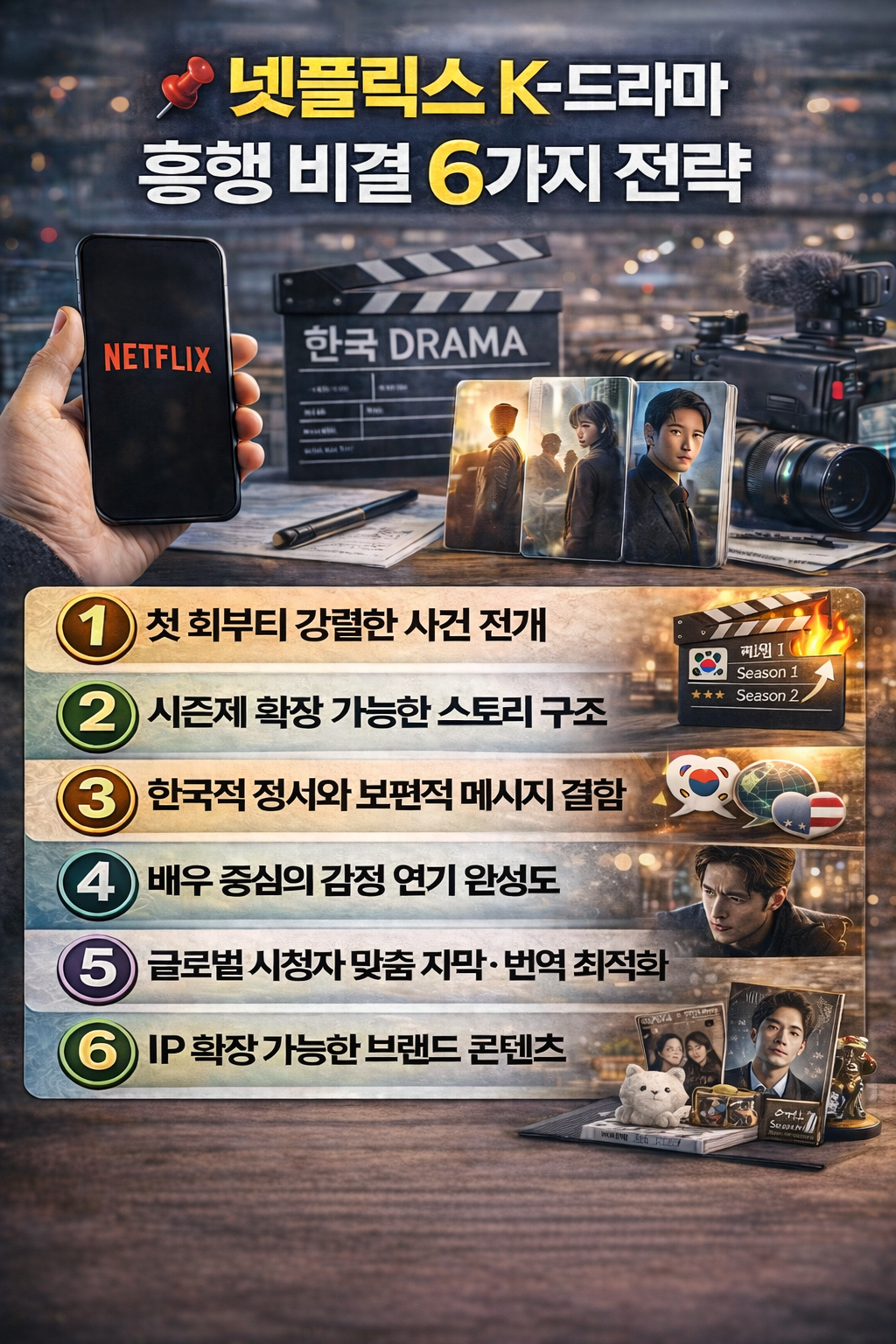 넷플릭스 K-드라마 흥행 비결 6가지 전략을 정리한 인포그래픽으로 첫 회 강렬한 전개, 시즌제 구조, 한국적 정서와 보편성 결합, 배우 중심 감정 연기, 글로벌 자막 최적화, IP 확장 콘텐츠를 설명한 이미지