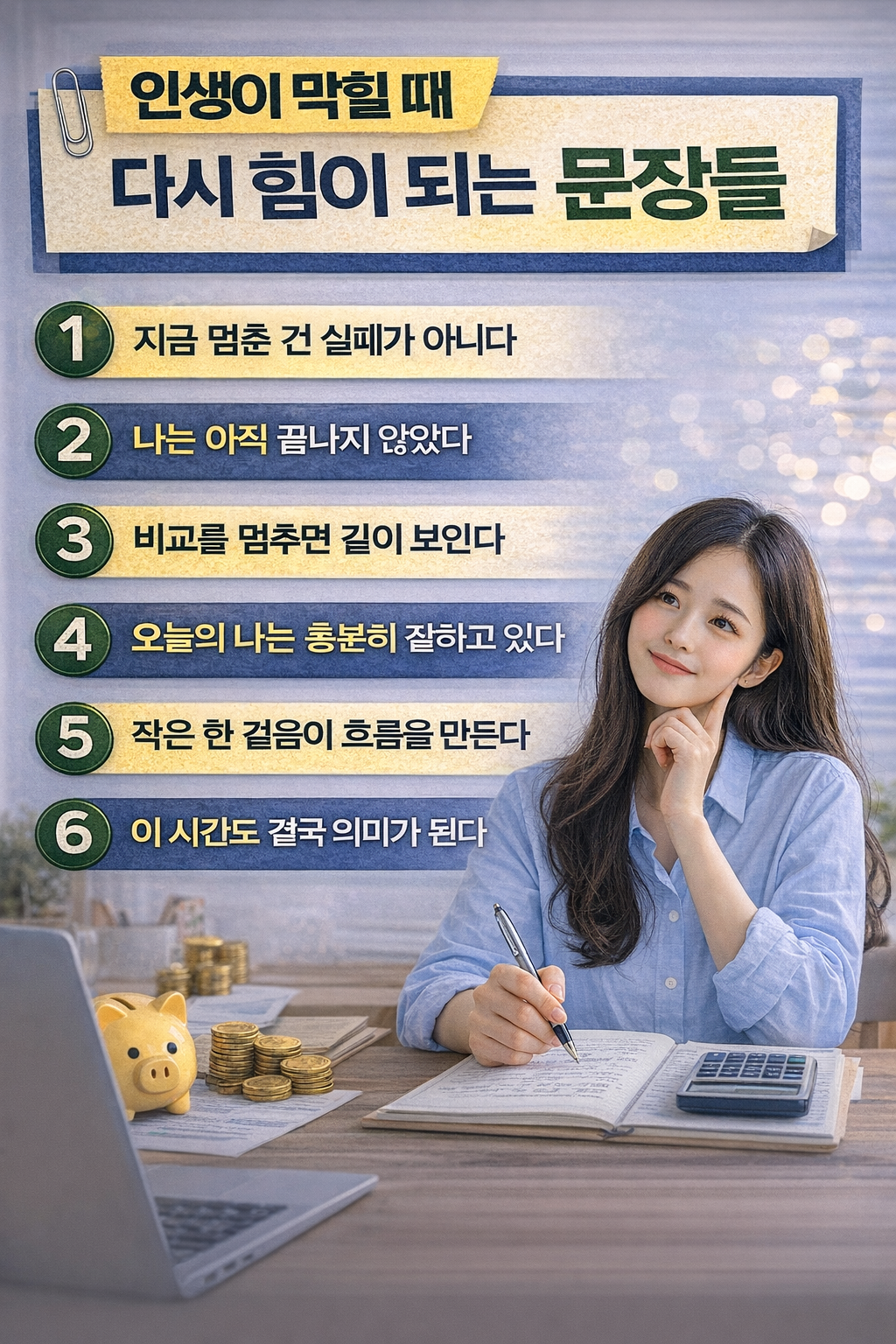 인생이 막혔다고 느낄 때 마음을 다시 일으켜 세워주는 문장들을 핵심 메시지로 정리한 감성 인포그래픽입