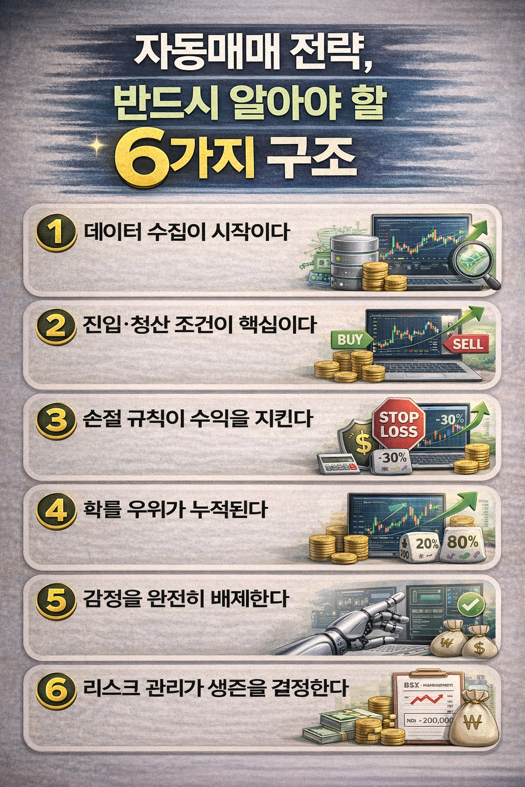 자동매매 전략, 반드시 알아야 할 6가지 구조를 정리한 인포그래픽 이미지