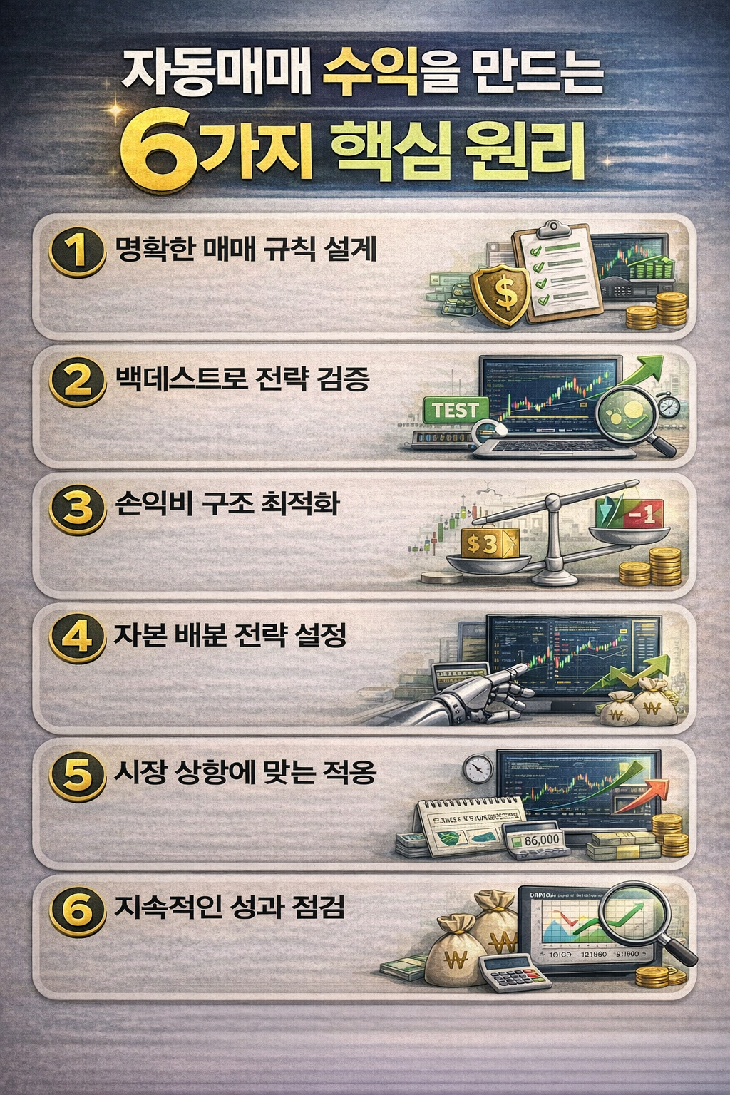 자동매매 수익을 만드는 6가지 핵심 원리를 정리한 인포그래픽 이미지