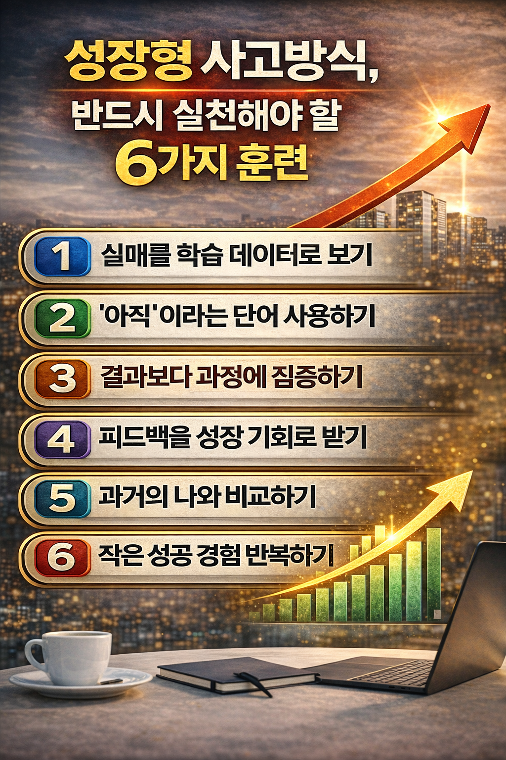 성장형 사고방식, 반드시 실천해야 할 6가지 훈련을 정리한 인포그래픽 이미지