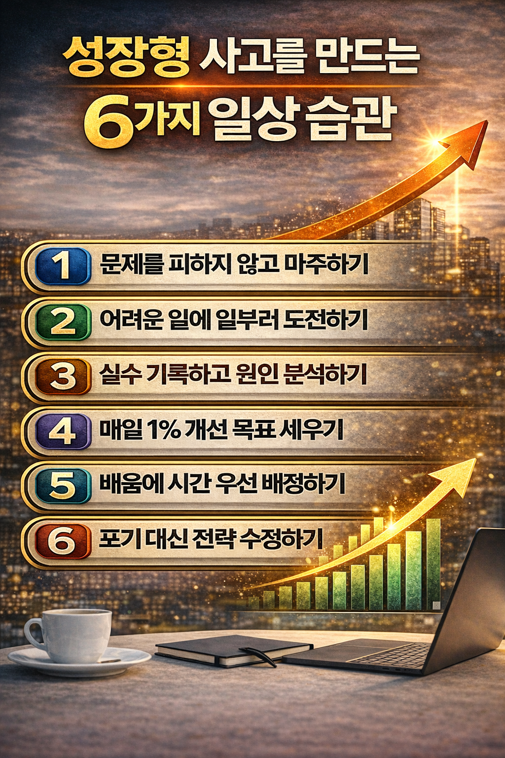 성장형 사고를 만드는 6가지 일상 습관을 정리한 인포그래픽 이미지