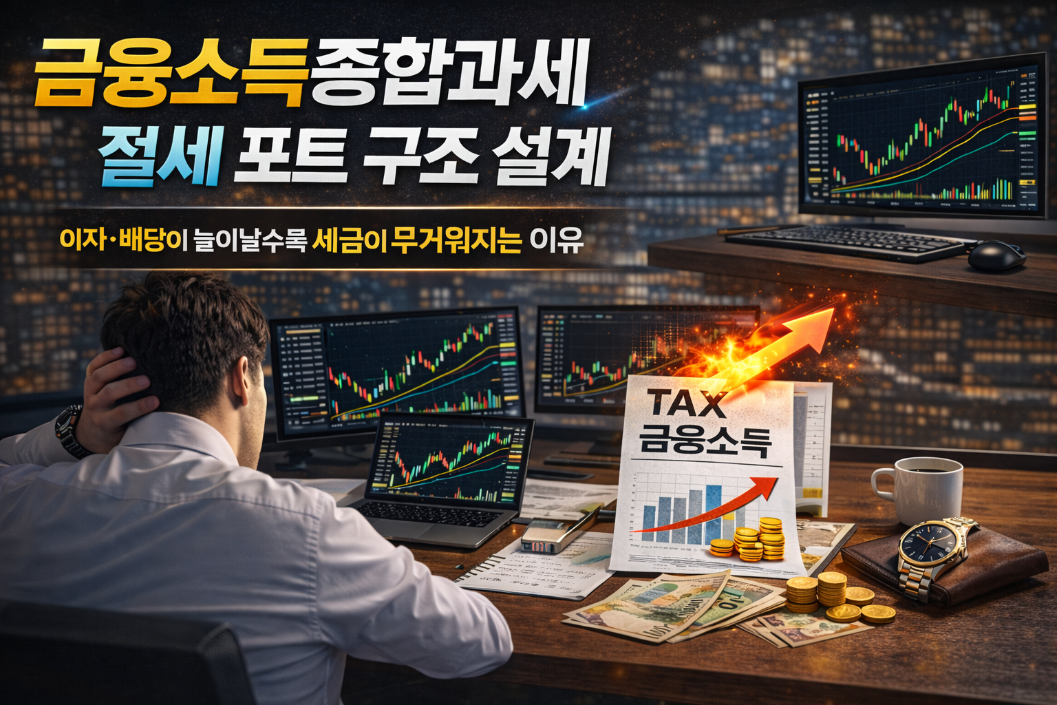 야간 사무실에서 여러 개의 주가 차트를 보며 금융소득종합과세와 절세 포트 구조 설계를 고민하는 투자자의 모습과 TAX 금융소득 그래프가 표시된 썸네일 이미지