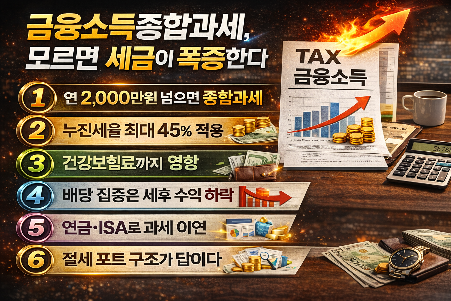 금융소득종합과세 기준과 절세 포트 구조를 6가지 핵심 포인트로 정리한 인포그래픽 이미지