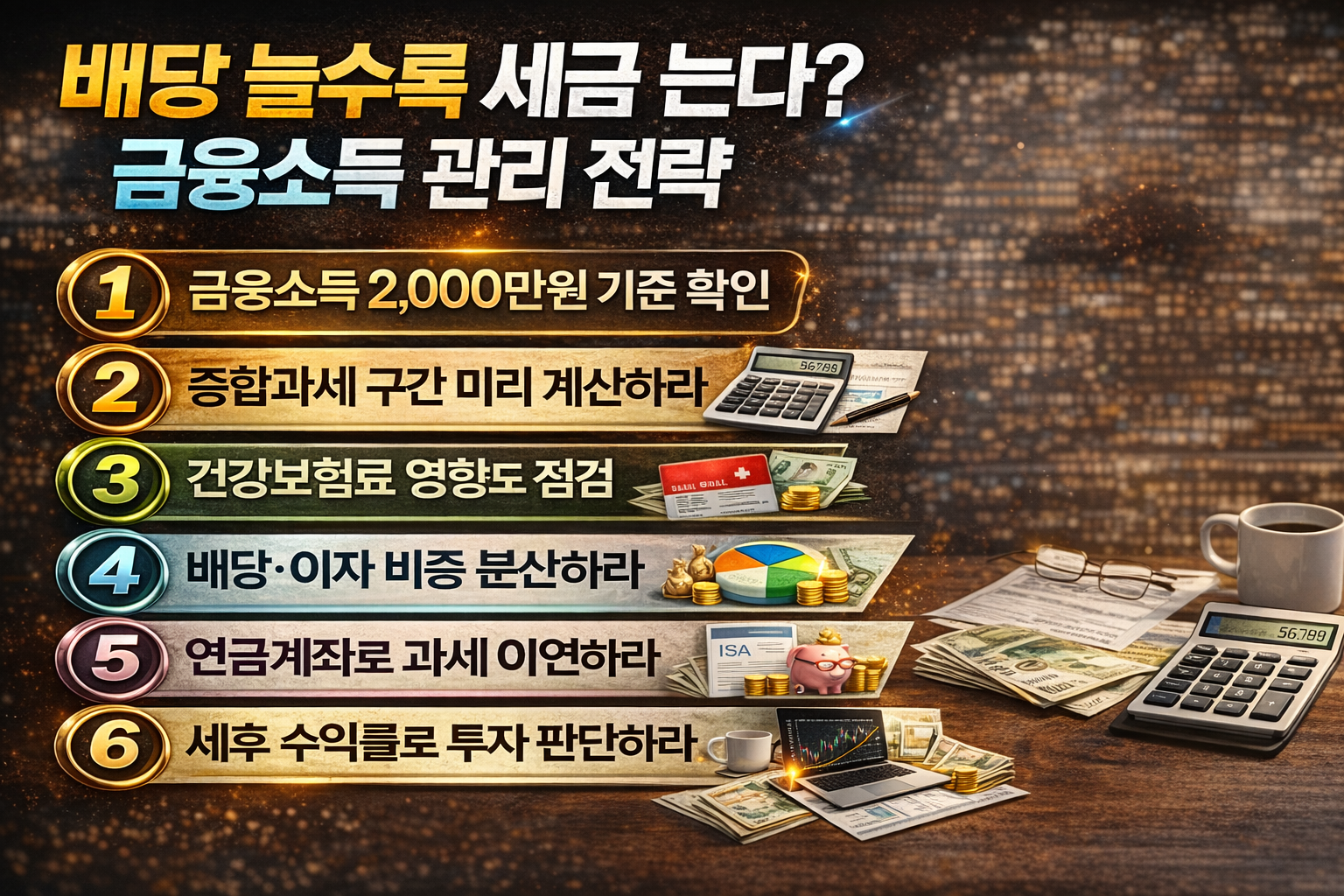 배당과 이자가 늘어날수록 세금이 증가하는 구조와 금융소득 관리 전략 6가지를 정리한 인포그래픽 이미지