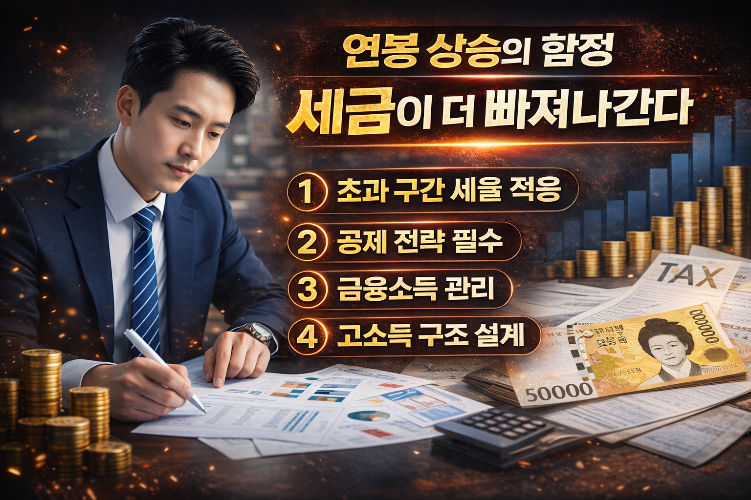 연봉 상승의 함정과 세금 증가를 강조한 금융 인포그래픽 이미지