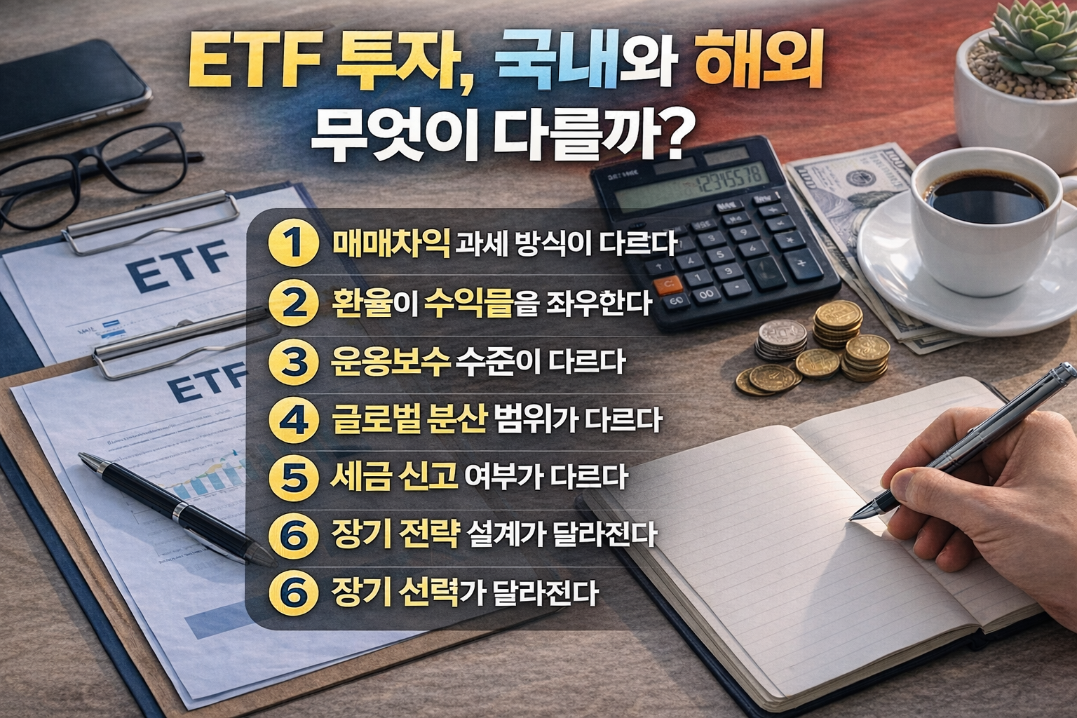 국내 ETF와 해외 ETF의 차이점을 6가지 항목으로 정리한 비교 인포그래픽