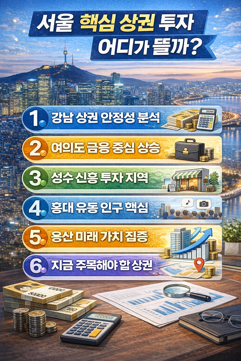 서울 5대 핵심 상권 투자 지역과 강남·여의도·성수·홍대·용산 상권 특징을 6가지 항목으로 정리한 부동산 투자 인포그래픽 이미지