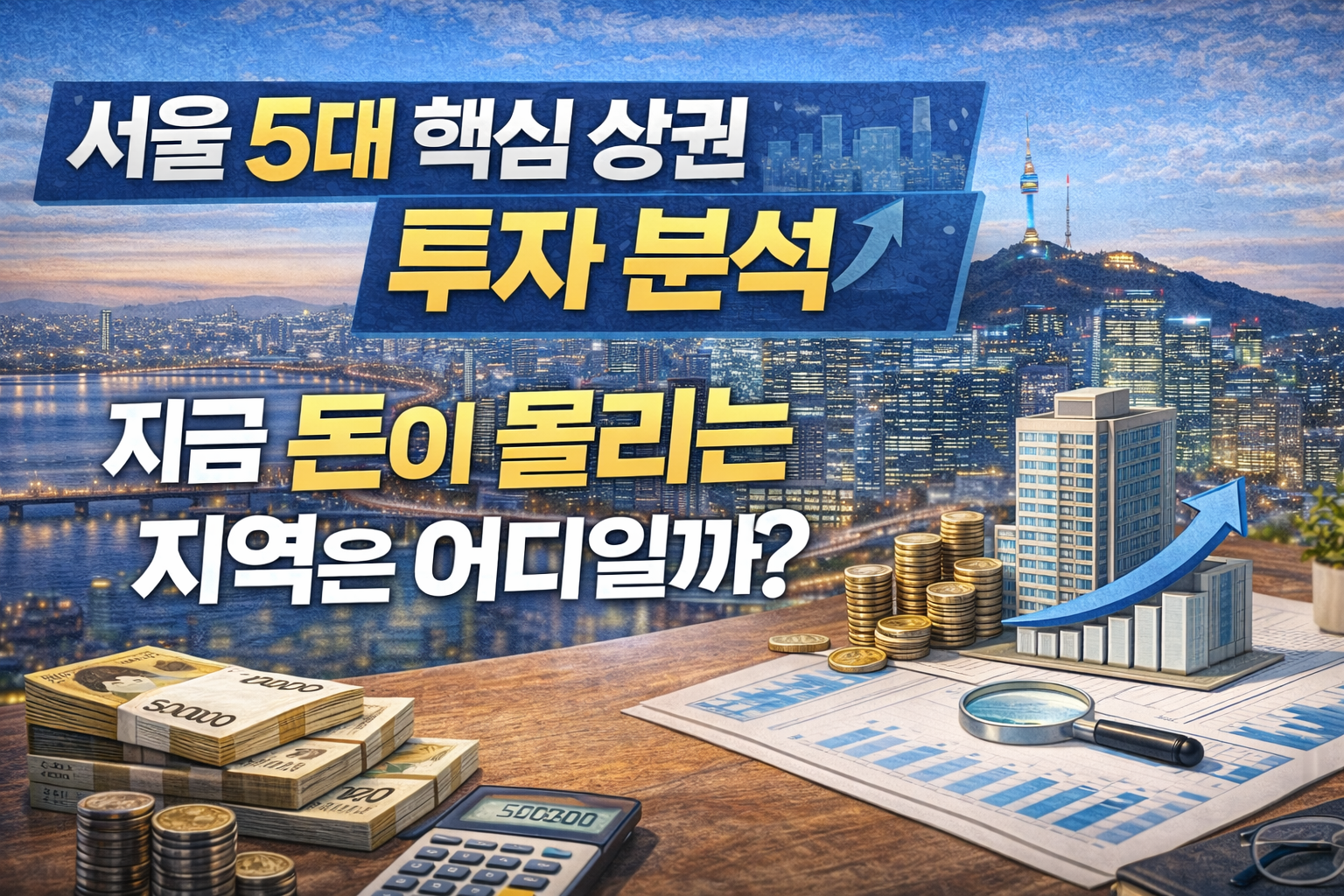 서울 도심 야경과 부동산 상승 그래프, 현금과 투자 자료가 함께 표현된 서울 5대 핵심 상권 투자 분석 썸네일 이미지