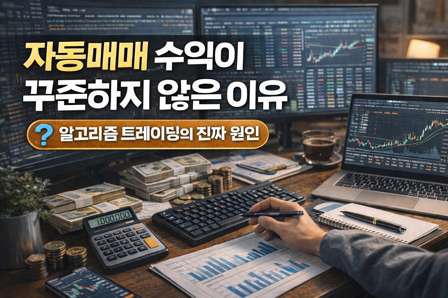 자동매매 트레이딩 화면과 투자 데이터, 현금과 계산기가 함께 표현된 알고리즘 트레이딩 수익 분석 썸네일 이미지