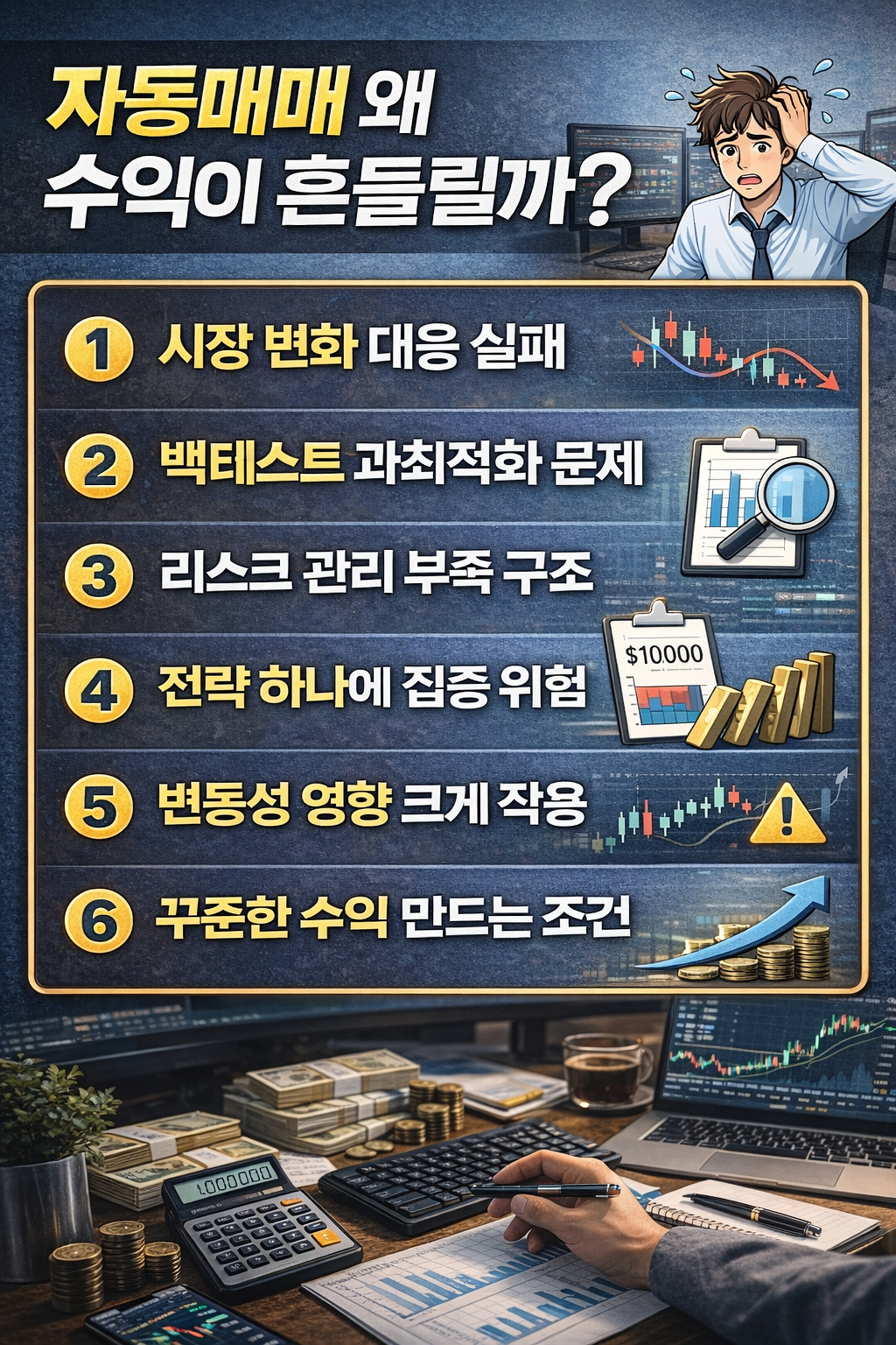 자동매매 수익이 꾸준하지 않은 이유와 알고리즘 트레이딩 성과 변동 원인을 6가지 핵심 요소로 정리한 투자 인포그래픽 이미지