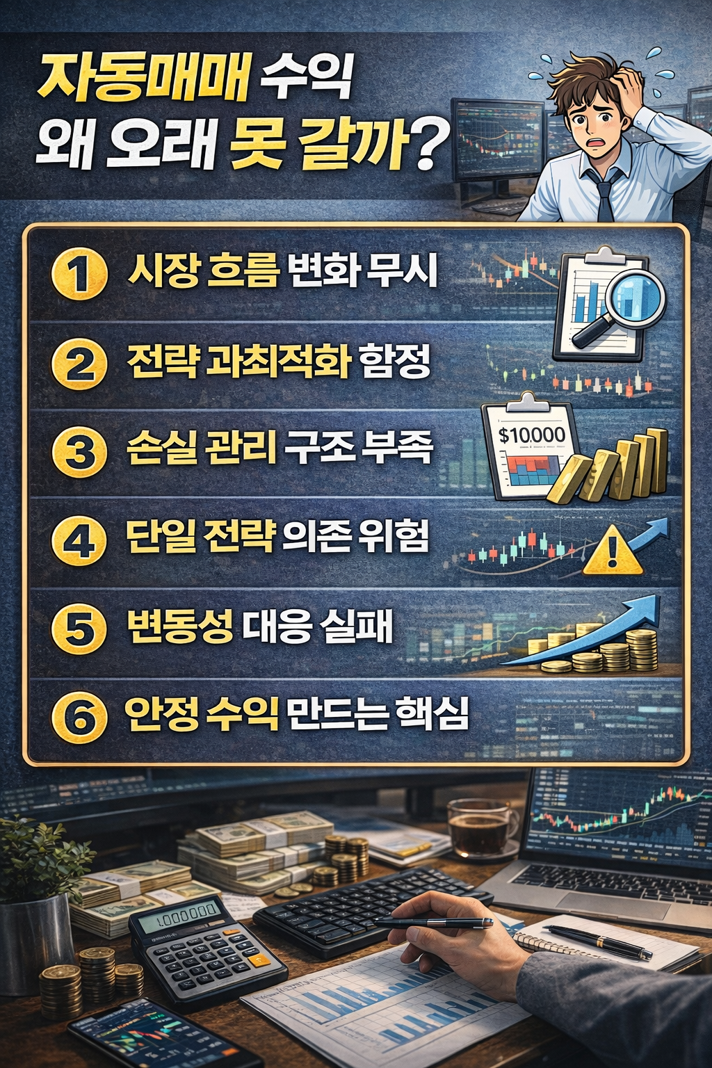 자동매매 수익이 오래 지속되지 않는 이유와 시장 변화, 전략 과최적화, 리스크 관리 문제를 6가지로 정리한 알고리즘 트레이딩 인포그래픽 이미지