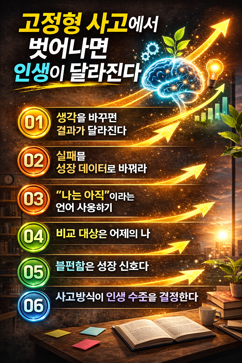 고정형 사고방식에서 벗어나 성장형 사고방식으로 전환하는 6가지 실천 방법을 정리한 자기계발 인포그래픽 이미지
