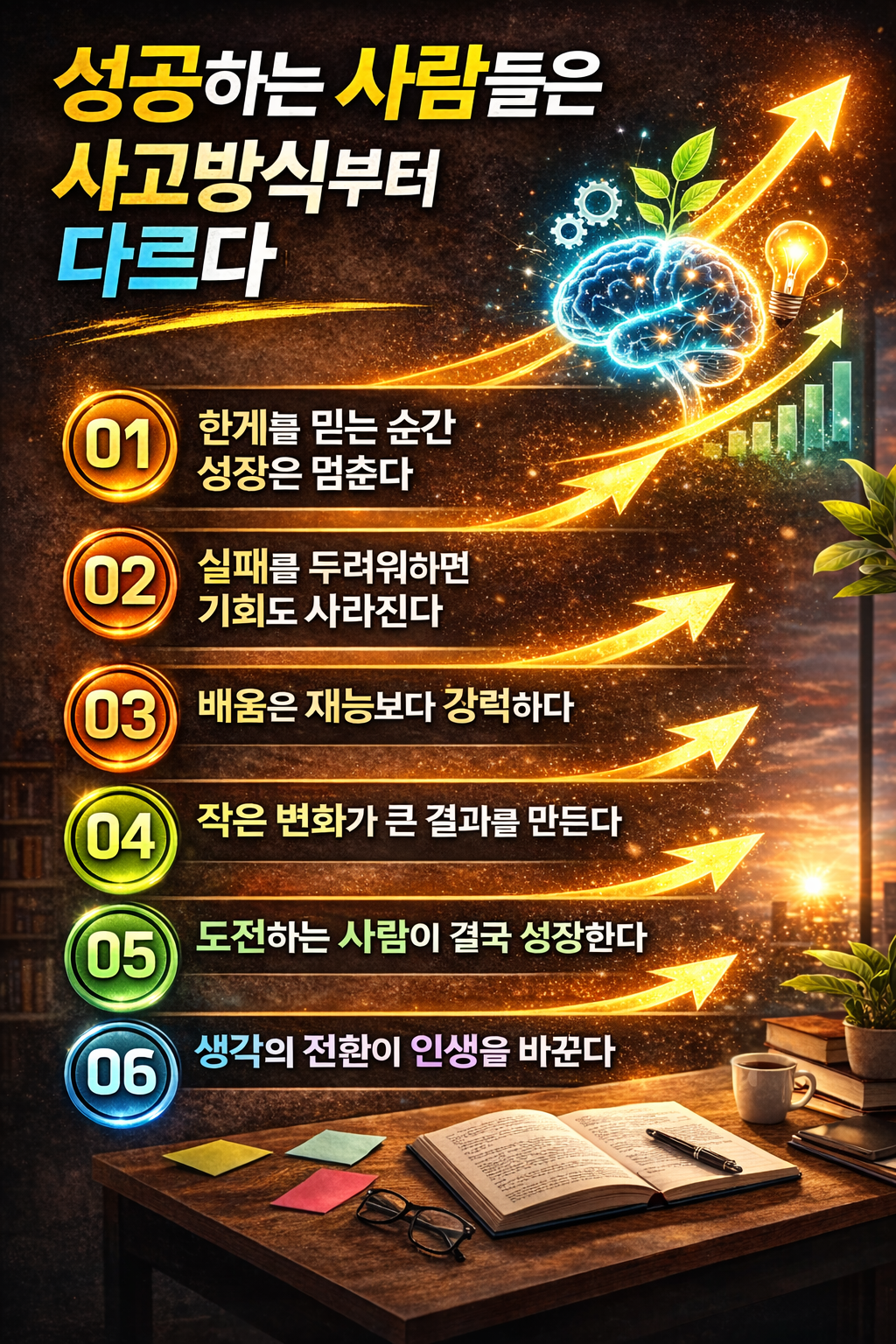 성공하는 사람들의 사고방식 차이와 성장 마인드 전환 방법 6가지를 정리한 자기계발 인포그래픽 이미지