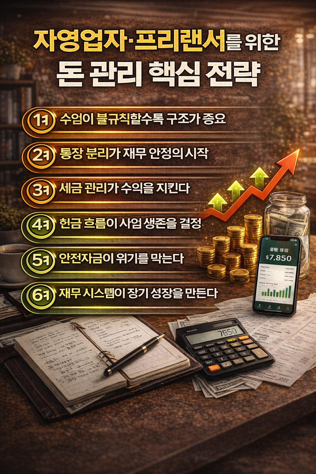 자영업자와 프리랜서를 위한 재무관리 핵심 전략을 정리한 금융 관리 인포그래픽 이미지