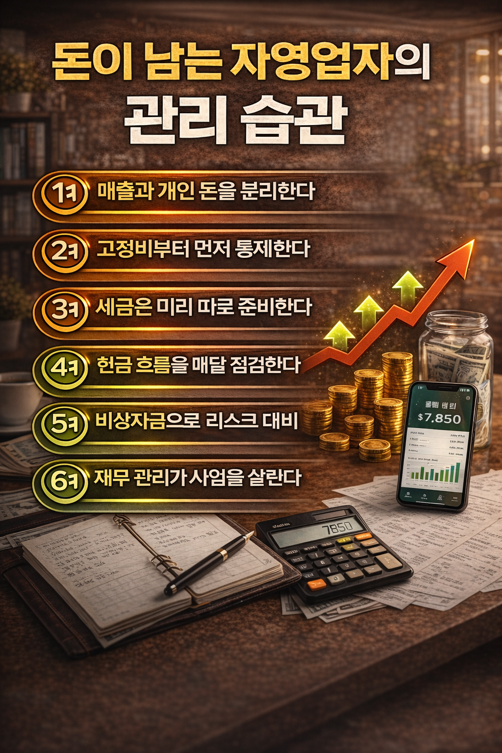 돈이 남는 자영업자의 재무관리 습관과 사업자 돈 관리 핵심 전략 6가지를 정리한 인포그래픽 이미지