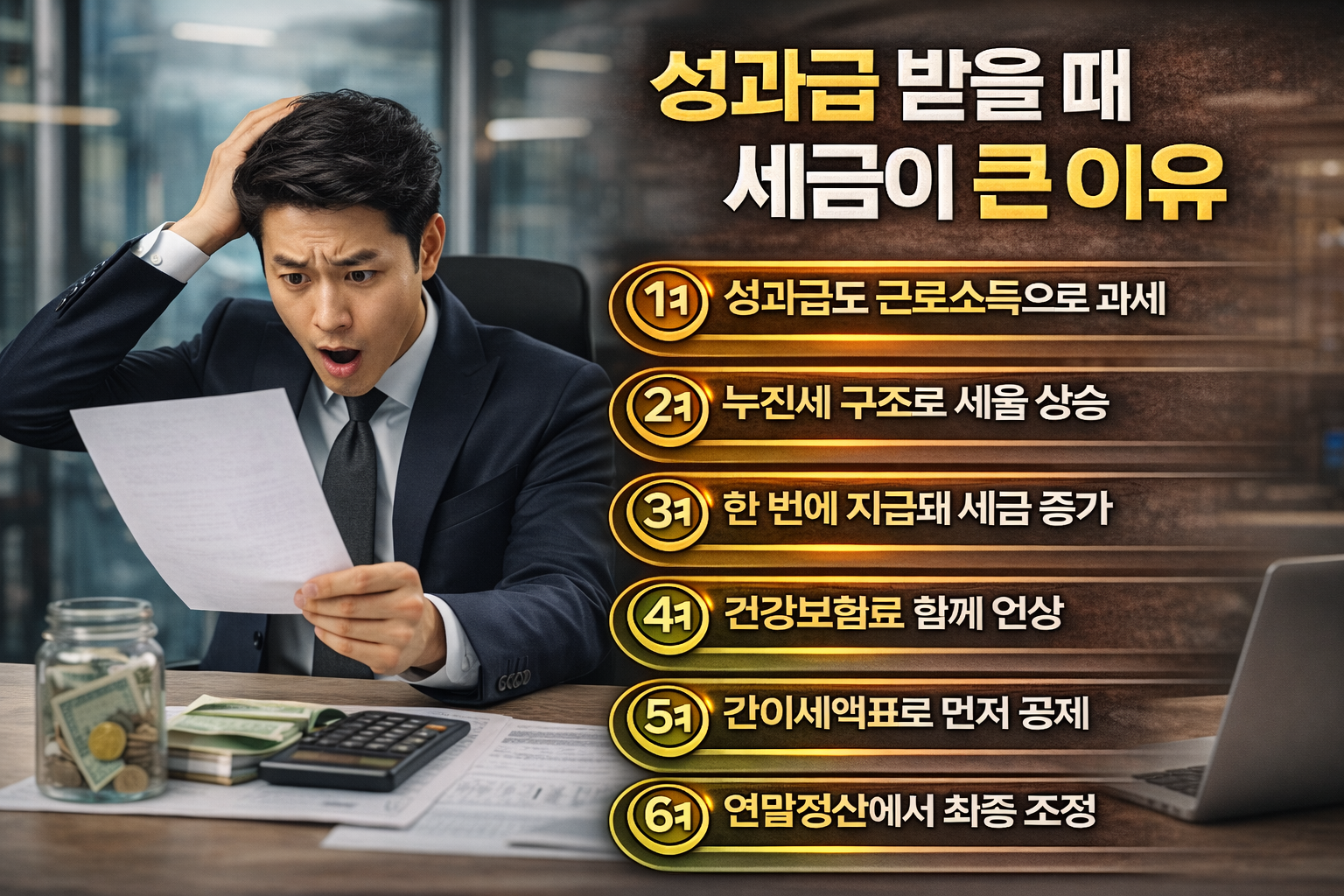 성과급 지급 시 세금이 크게 공제되는 이유와 근로소득 과세 구조 6가지를 설명하는 직장인 세금 인포그래픽 이미지