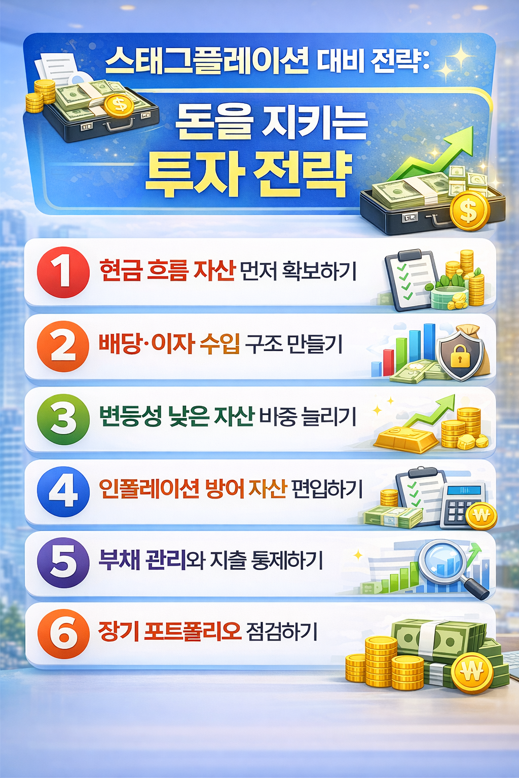 스태그플레이션 시대에 현금 흐름 중심으로 포트폴리오를 구성하는 6가지 핵심 투자 전략을 정리한 인포그래픽
