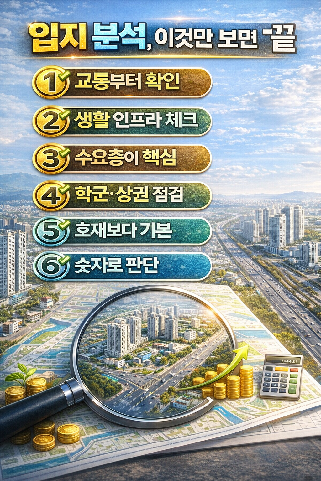 교통, 생활 인프라, 수요층, 학군과 상권, 데이터 분석까지 입지 분석의 핵심 요소를 6단계로 정리한 부동산 투자 인포그래픽