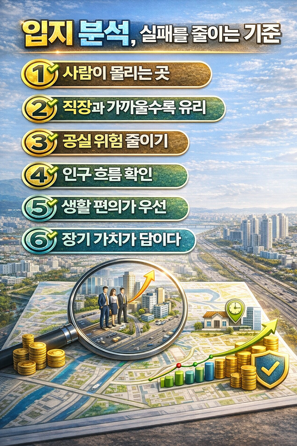 사람이 모이는 지역과 직장 접근성, 인구 흐름, 생활 편의 시설, 장기 가치를 기준으로 입지 분석 핵심 포인트를 정리한 부동산 인포그래픽