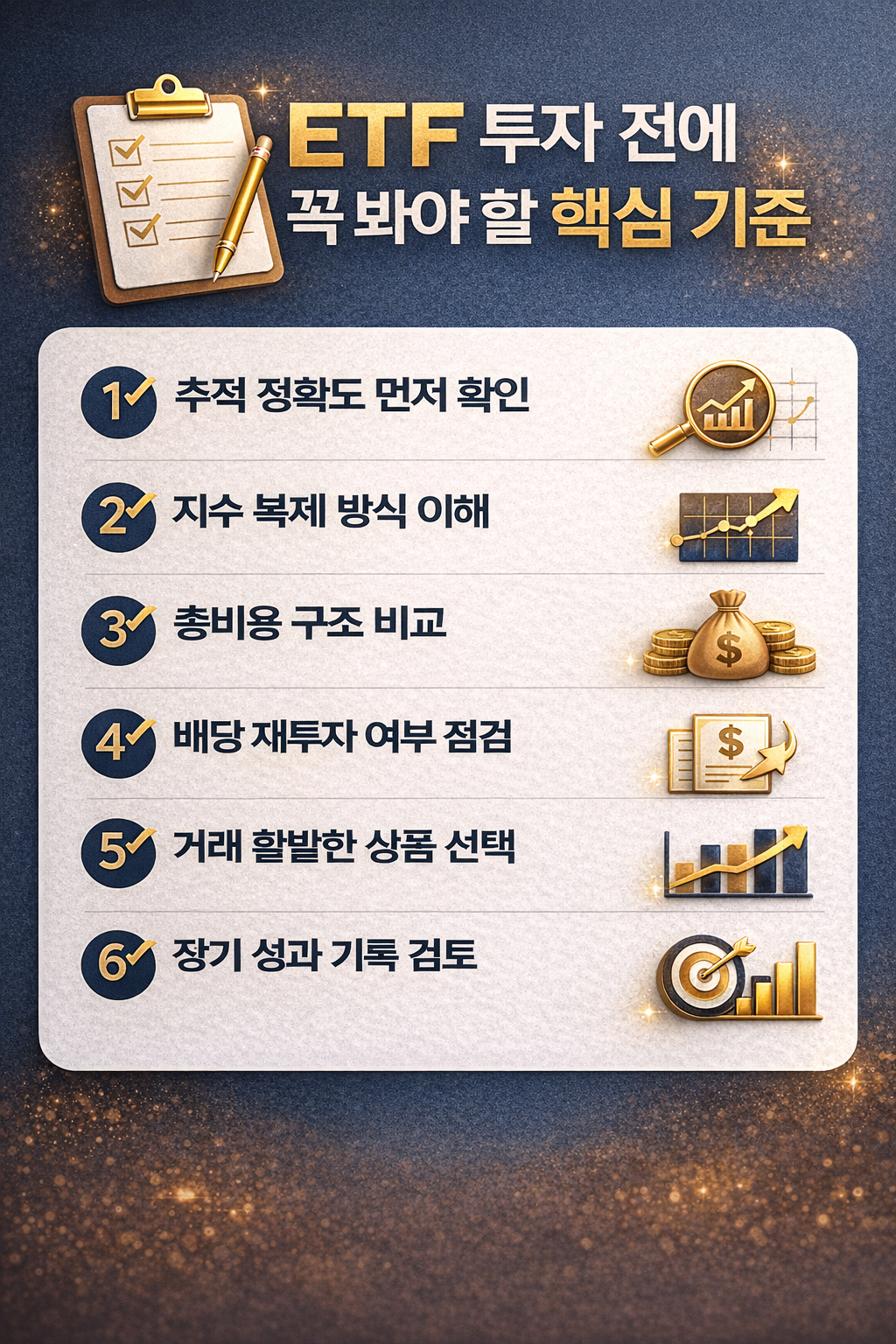 ETF 투자 판단에 필요한 주요 체크 포인트를 보여주는 인포그래픽