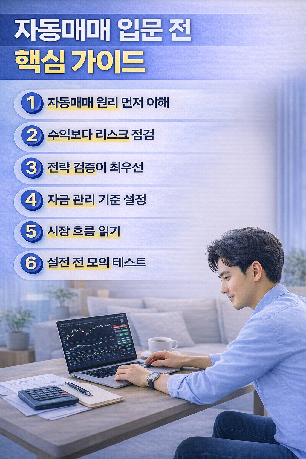 자동매매 시작 전에 반드시 이해해야 할 핵심 체크 포인트를 정리한 인포그래픽