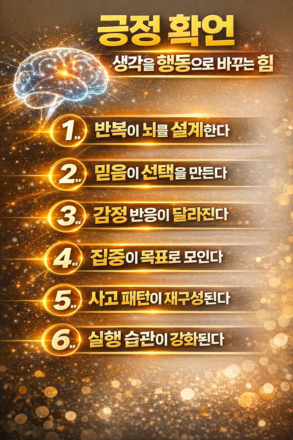 긍정 확언이 반복, 믿음, 감정, 집중, 사고 패턴, 실행 습관에 미치는 변화를 시각적으로 표현한 인포그래픽