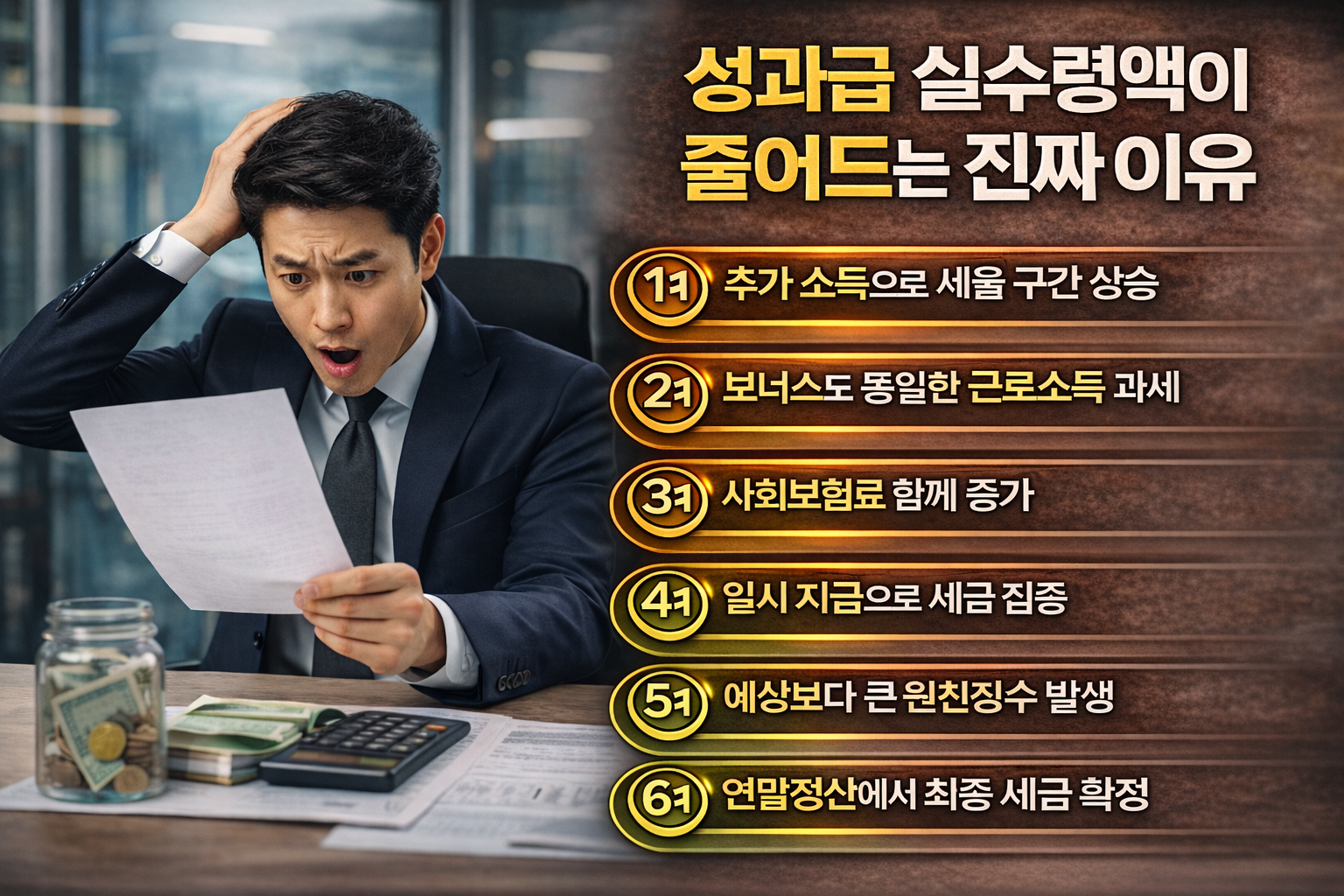 성과급 실수령액이 줄어드는 이유와 세금 증가 구조 6가지를 설명하는 직장인 성과급 세금 인포그래픽 이미지