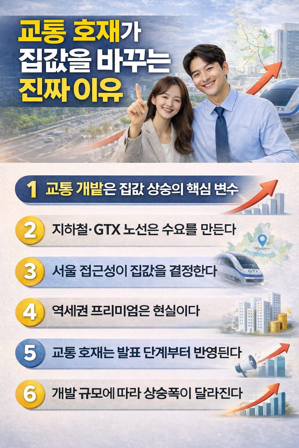 교통 호재가 집값에 영향을 미치는 이유를 설명하는 부동산 인포그래픽으로, GTX 열차와 도시 배경, 상승 그래프와 함께 교통 개발이 집값 상승에 미치는 6가지 핵심 요인을 정리한 현대적인 부동산 데이터 분석 이미지