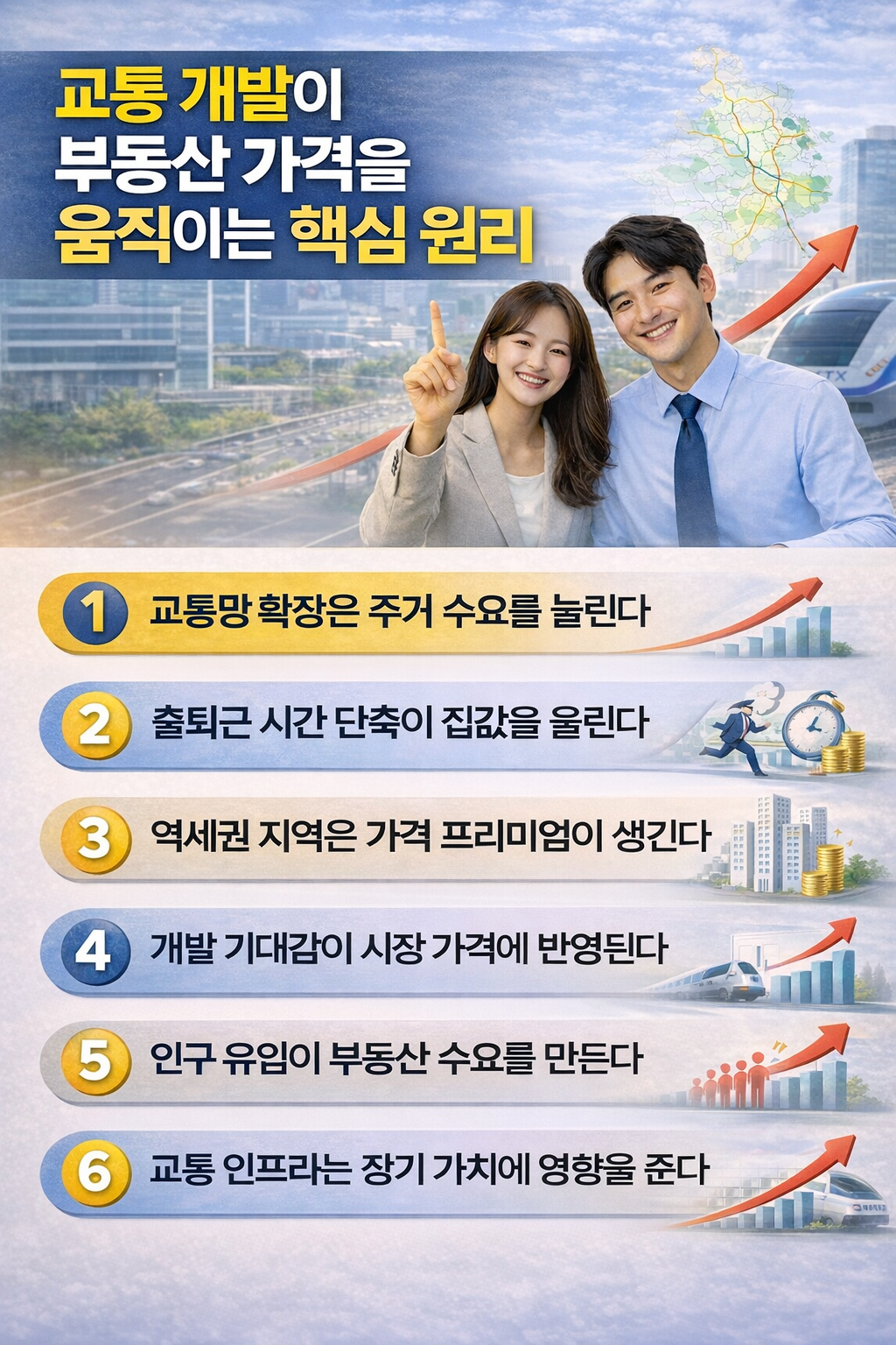 교통 개발이 부동산 가격에 미치는 영향을 설명하는 인포그래픽으로, 도시 배경과 GTX 열차, 상승 그래프와 함께 교통망 확장, 출퇴근 시간 단축, 역세권 프리미엄, 개발 기대감, 인구 유입, 교통 인프라 가치 등 6가지 집값 상승 요인을 정리한 현대적인 부동산 데이터 분석 이미지