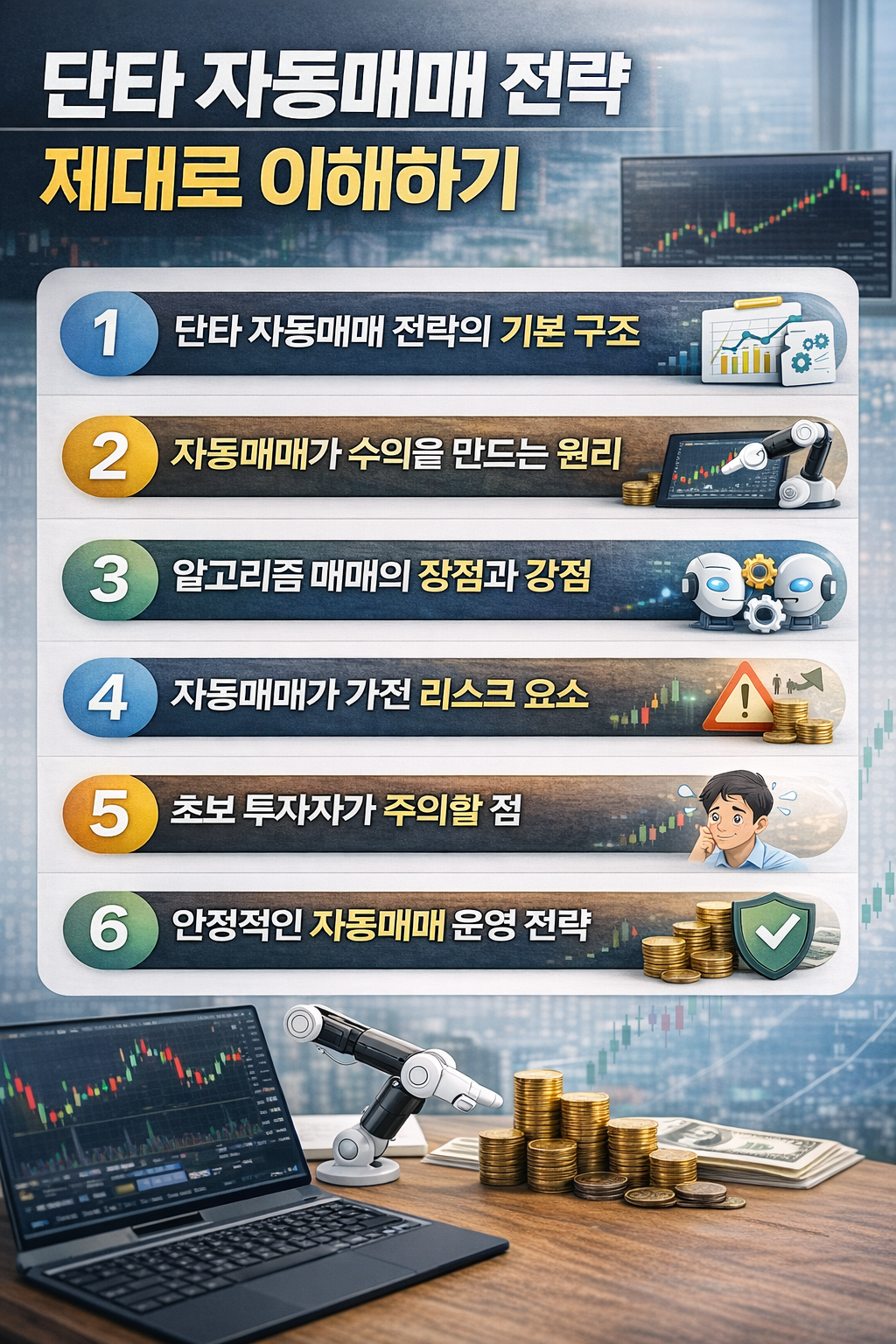 단타 자동매매 전략을 제대로 이해하기 위한 핵심 내용을 정리한 투자 인포그래픽 이미지. ‘단타 자동매매 전략의 기본 구조, 자동매매가 수익을 만드는 원리, 알고리즘 매매의 장점과 강점, 자동매매가 가진 리스크 요소, 초보 투자자가 주의할 점, 안정적인 자동매매 운영 전략’ 등 6가지 핵심 전략을 설명한 현대적인 금융 인포그래픽.