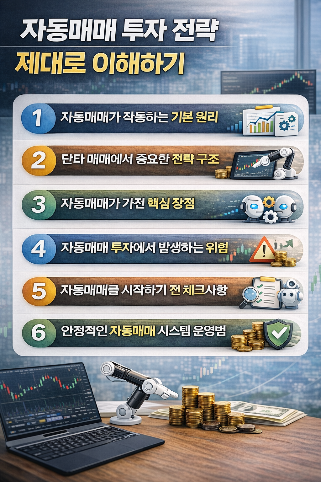 자동매매 투자 전략을 이해하기 위한 핵심 내용을 정리한 금융 인포그래픽 이미지. ‘자동매매가 작동하는 기본 원리, 단타 매매에서 중요한 전략 구조, 자동매매가 가진 핵심 장점, 자동매매 투자에서 발생하는 위험, 자동매매를 시작하기 전 체크사항, 안정적인 자동매매 시스템 운영법’ 등 6가지 핵심 내용을 설명한 현대적인 투자 인포그래픽.
