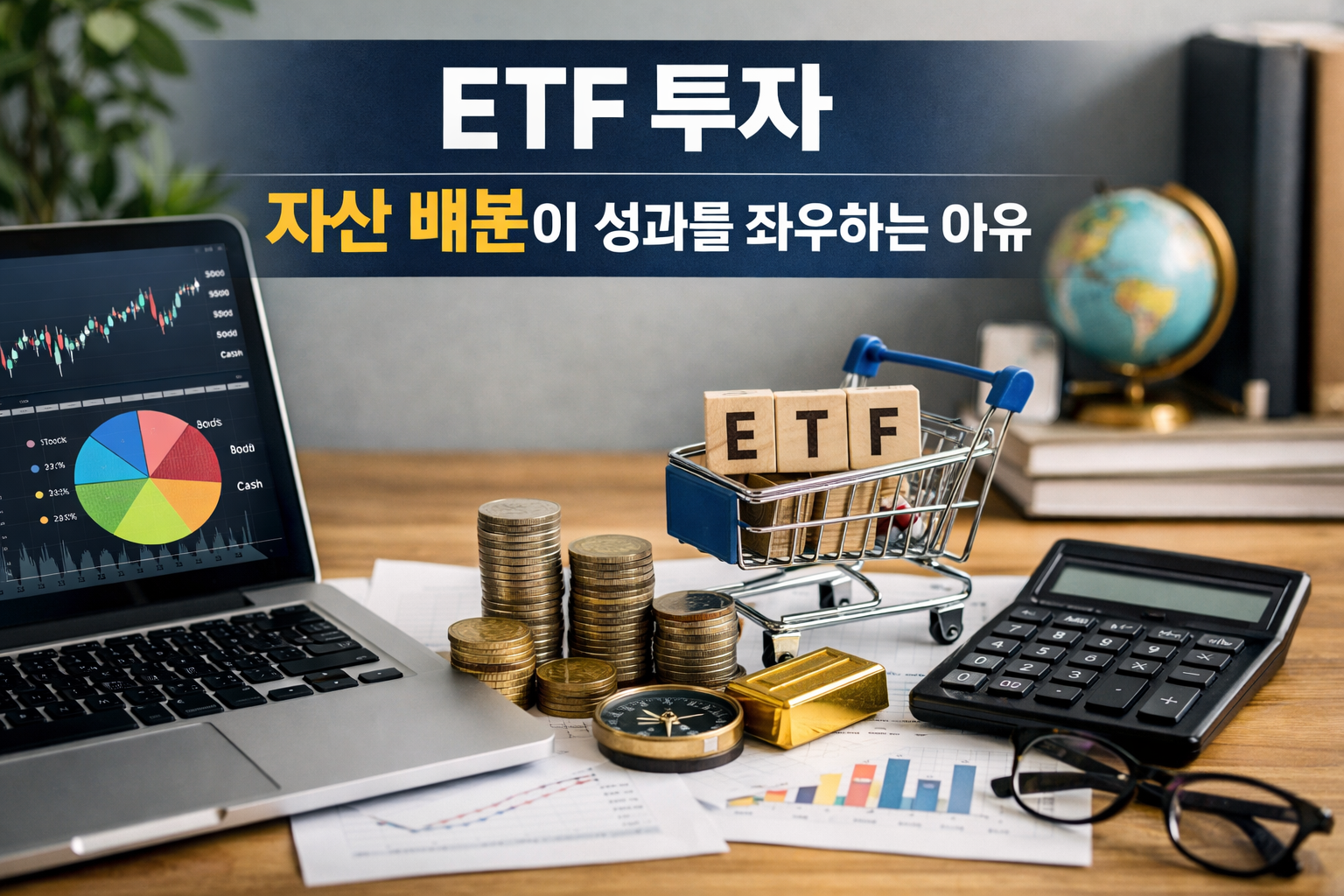 노트북에 ETF 투자 그래프가 보이고, 책상 위에는 동전과 금괴, 계산기, 그리고 ‘ETF’ 글자가 적힌 블록이 담긴 쇼핑 카트가 놓여 있는 장면으로 자산 배분과 ETF 투자 전략을 상징적으로 표현한 금융 투자 이미지.