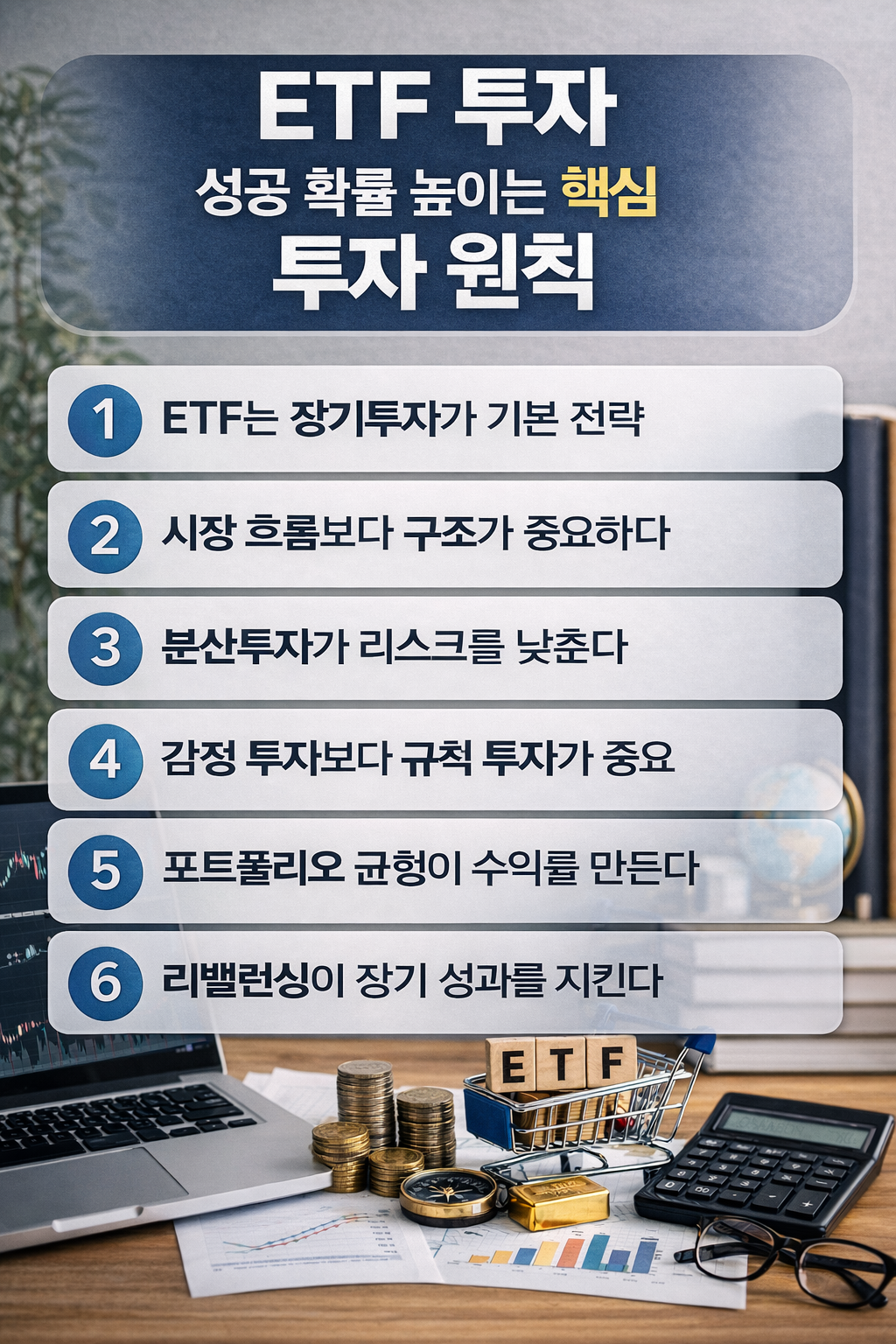 ETF 투자 성공 확률을 높이는 핵심 투자 원칙을 설명한 인포그래픽으로 ‘ETF 투자 성공 확률 높이는 핵심 투자 원칙’ 제목 아래 장기투자, 시장 구조, 분산투자, 규칙 투자, 포트폴리오 균형, 리밸런싱 등 6가지 ETF 투자 전략이 번호와 함께 정리된 금융 투자 이미지.