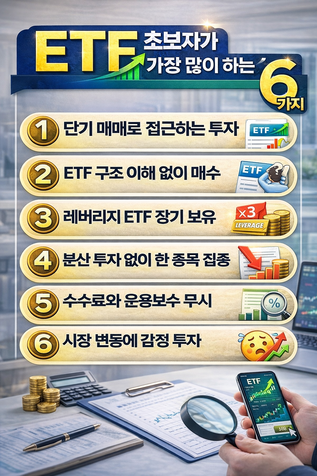 ETF 초보자가 가장 많이 하는 실수 6가지를 설명하는 투자 인포그래픽으로 단기 매매 접근, ETF 구조 이해 부족, 레버리지 ETF 장기 보유, 분산 투자 부족, 수수료 무시, 시장 변동에 감정 투자 등을 숫자와 아이콘으로 정리한 금융 이미지