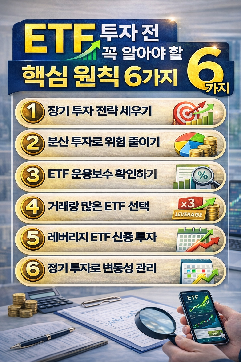 ETF 투자 전 꼭 알아야 할 핵심 원칙 6가지를 설명하는 투자 인포그래픽으로 장기 투자 전략, 분산 투자, ETF 운용보수 확인, 거래량 많은 ETF 선택, 레버리지 ETF 신중 투자, 정기 투자 전략을 숫자와 아이콘으로 정리한 금융 이미지
