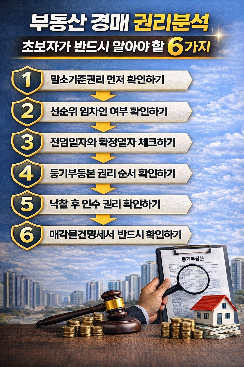 부동산 경매 권리분석에서 초보자가 반드시 알아야 할 6가지를 정리한 인포그래픽 이미지로, 말소기준권리 확인, 선순위 임차인 확인, 전입일자와 확정일자 체크, 등기부등본 권리 순서 확인, 낙찰 후 인수 권리 확인, 매각물건명세서 확인 등 경매 권리분석 핵심 절차가 번호 순서로 설명된 디자인.