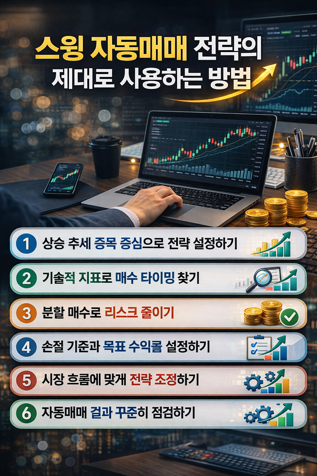 스윙 자동매매 전략을 제대로 사용하는 방법과 매수 타이밍, 리스크 관리 등 6가지 전략을 정리한 자동매매 인포그래픽 이미