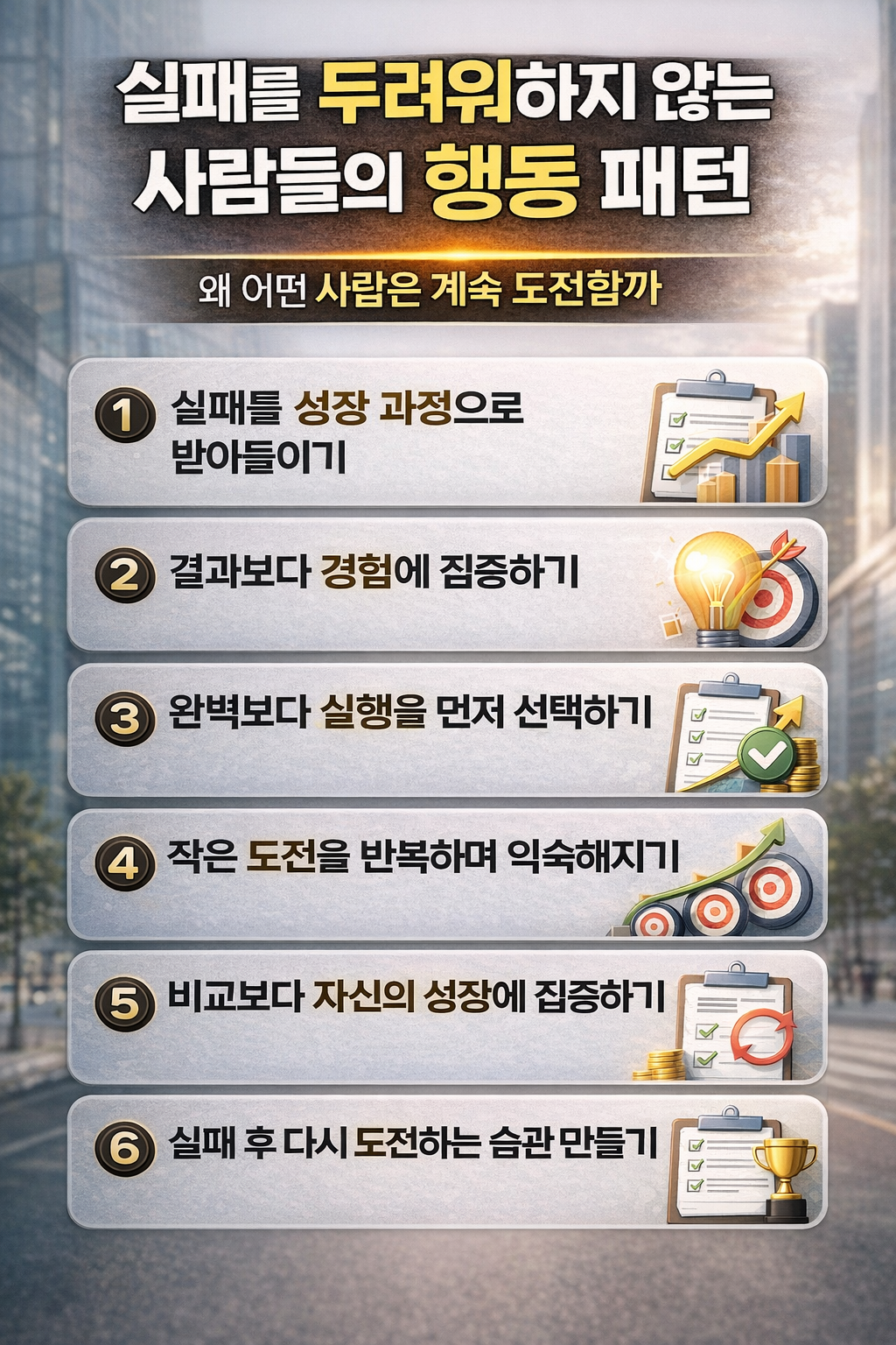 실패를 두려워하지 않는 사람들의 행동 패턴과 성장, 실행, 반복 도전 등 6가지 핵심 습관을 정리한 자기계발 인포그래픽 이미지