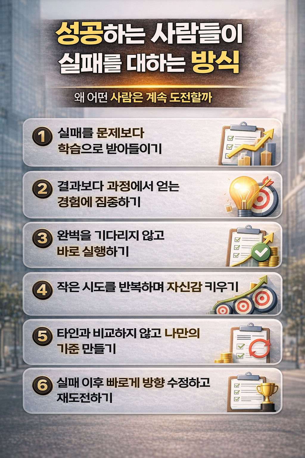 성공하는 사람들이 실패를 대하는 방식 6가지 전략을 정리한 자기계발 인포그래픽 이미지