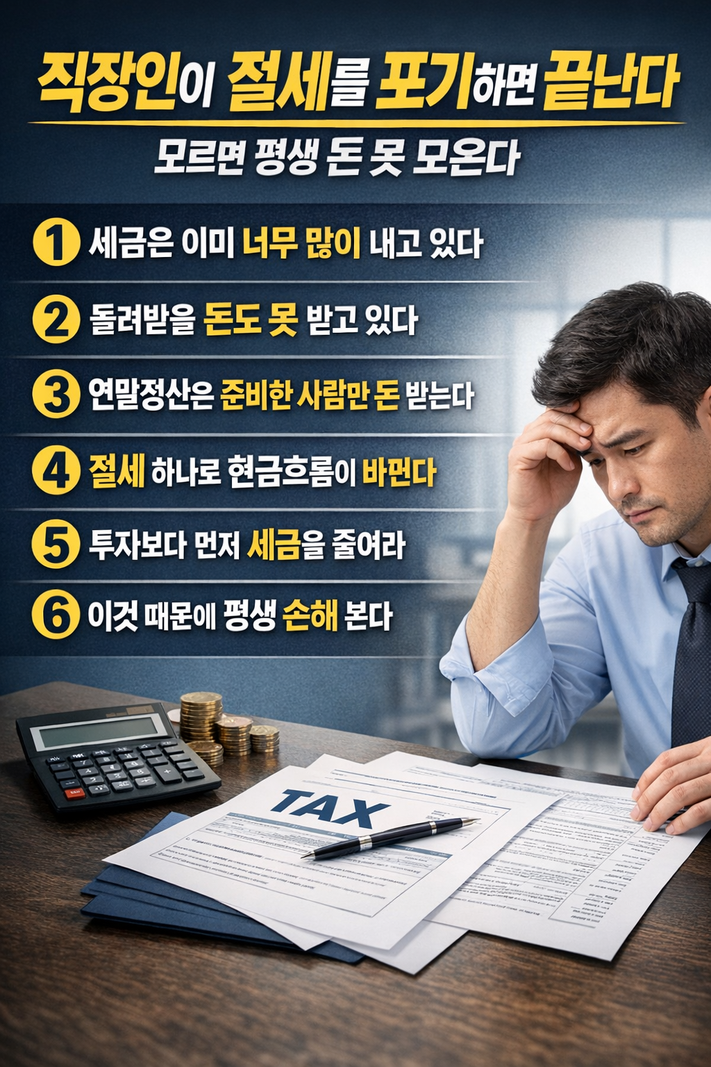 직장인이 절세를 포기하면 발생하는 경제적 손실을 설명하는 인포그래픽으로, 세금 과다 납부부터 환급 실패, 연말정산 준비 부족, 현금흐름 변화까지 6가지 핵심 절세 포인트를 정리한 금융 콘텐츠 이미지
