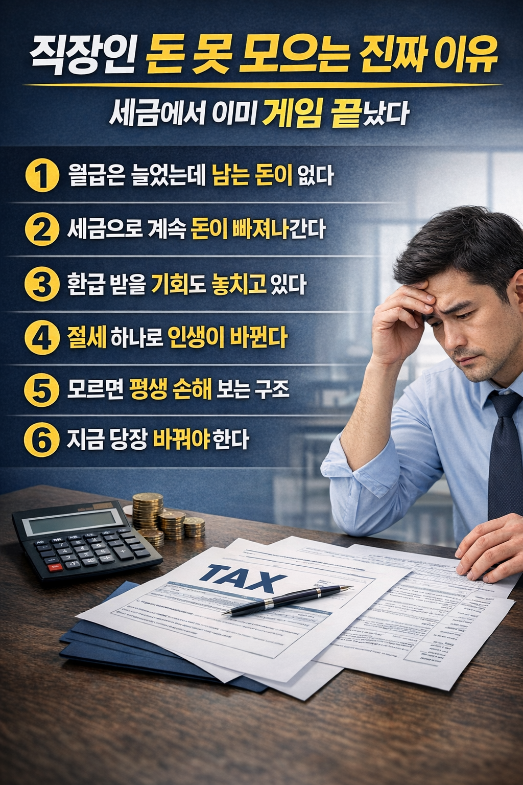 직장인이 돈을 모으지 못하는 이유를 세금 중심으로 설명한 인포그래픽으로, 월급 증가에도 불구하고 돈이 남지 않는 구조와 절세의 중요성을 6가지 핵심 포인트로 정리한 재테크 콘텐츠 인포그래픽 이미지