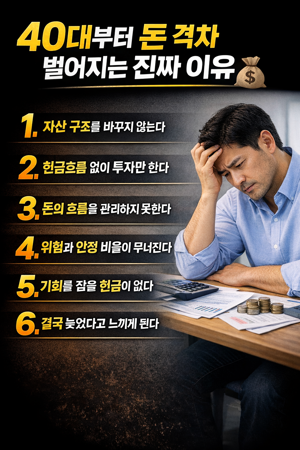 40대부터 돈 격차가 벌어지는 이유 6가지를 설명하는 인포그래픽으로, 재무 고민을 하는 중년 남성과 함께 자산 구조 문제를 강조한 이미지