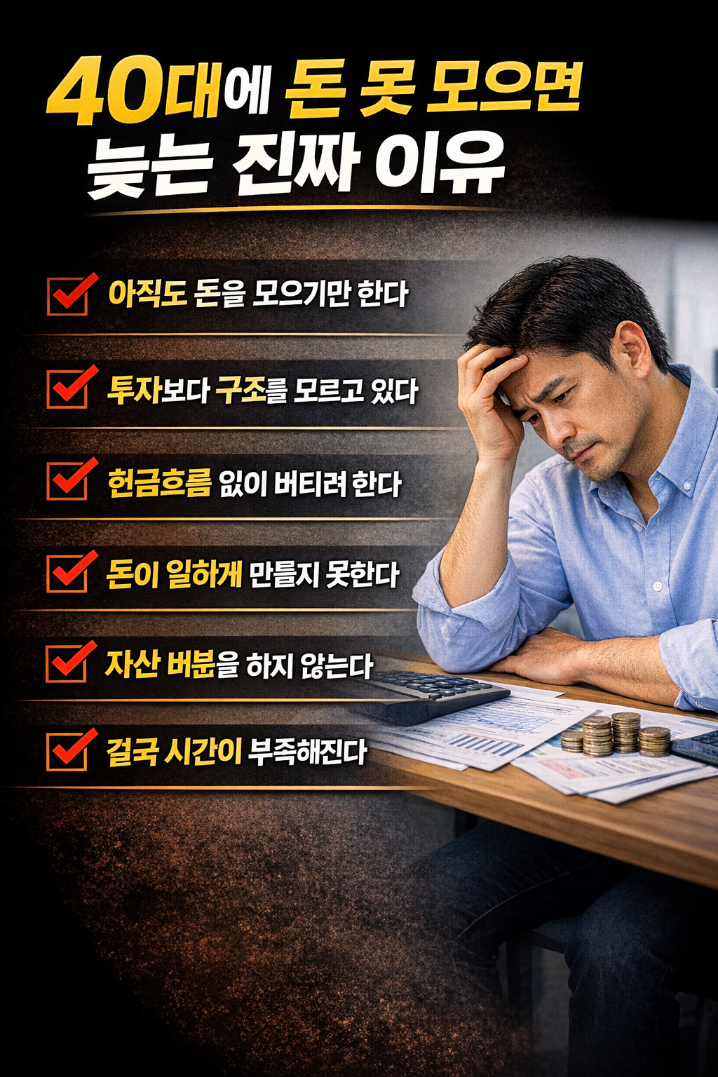 40대에 돈을 모으지 못하면 늦는 이유 6가지를 설명하는 인포그래픽으로, 재무 고민을 하는 중년 남성과 자산 관리 문제를 강조한 이미지