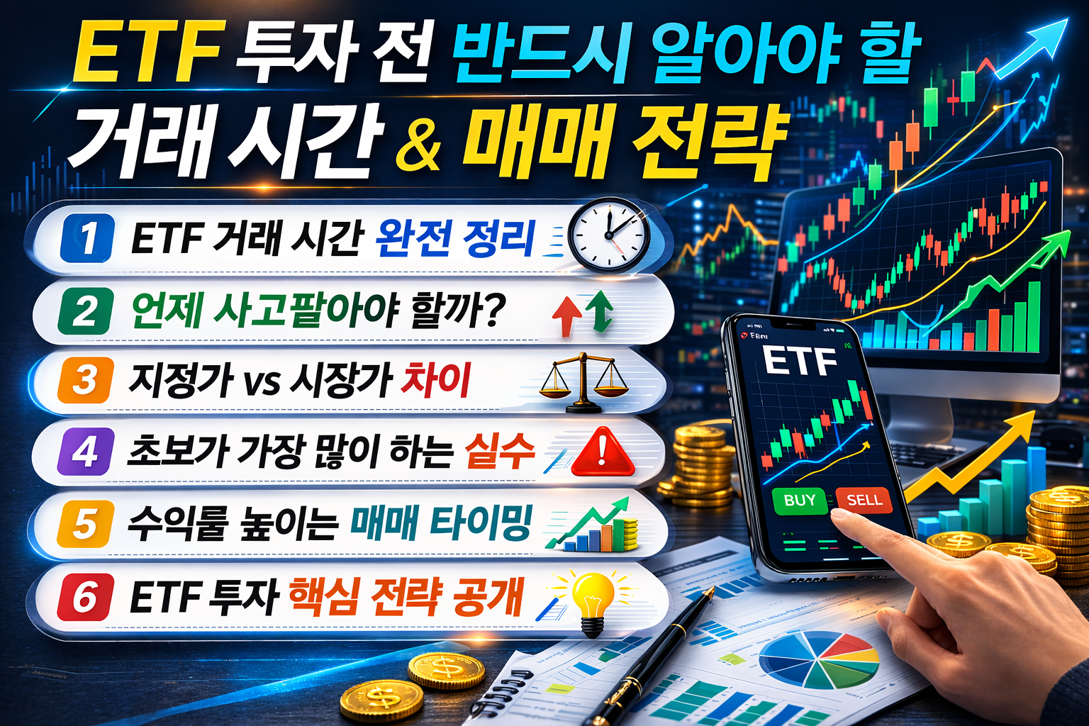 ETF 투자 전 반드시 알아야 할 거래 시간과 매매 전략을 6가지 핵심 항목으로 정리한 현대적인 금융 투자 인포그래픽 이미지